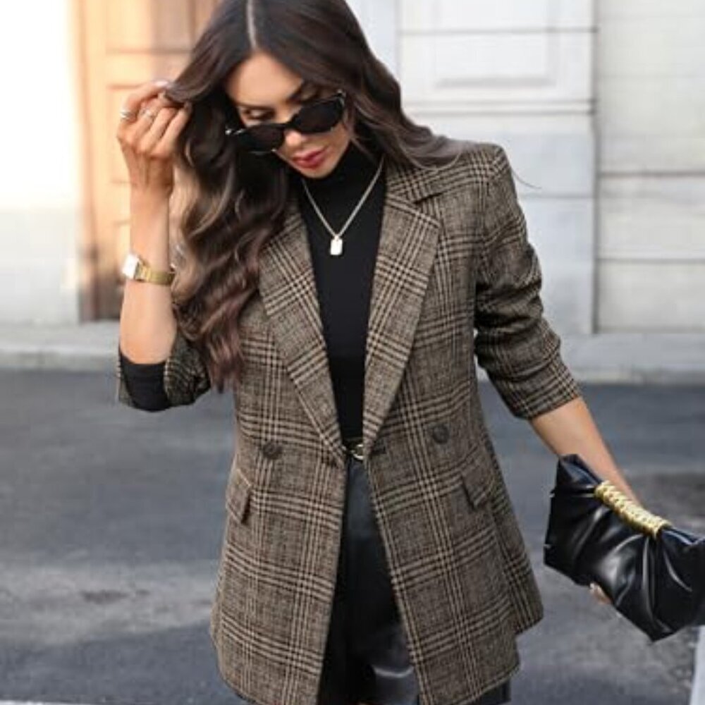 Houndstooth Plaid Tweed Blazer Double-Breasted Slim Fit Chic Work Wear - Picture 5 of 8